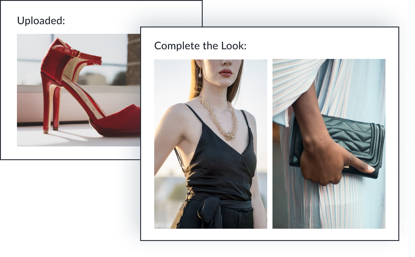 An image of a pair of red heels are uploaded. The AI stylist recommends a black camisole and black quilted clutch to complete the look.