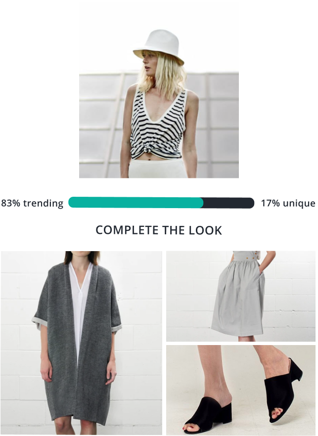A woman wearing a striped tank. AI stylist suggest three products to complete the look, a drape jacket, grey linen skirt and black heeled slippers.
